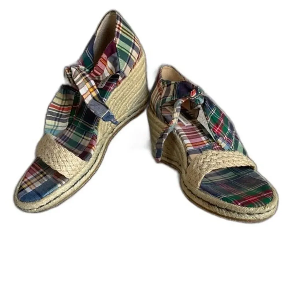 Tommy Hilfiger Womens Straw & Madras Plaid Wedge Espadrille Sandals Size 9M